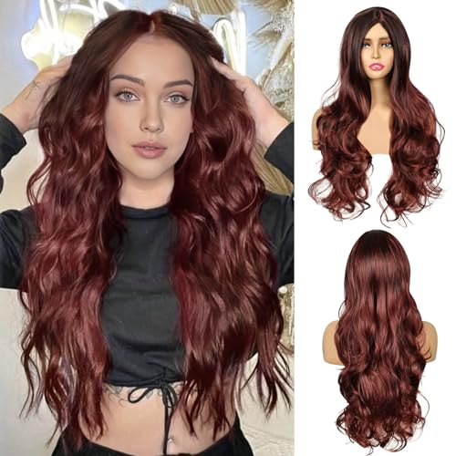 QUEENTAS Lange rote Perücke Cosplay-Perücke lockiges Ombre-Langhaar Perücken für Frauen Kunsthaar Mittelteil Perücken für Frauen Cosplay (Weinrot gemischt schwarz) von QUEENTAS