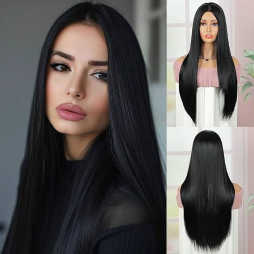 QUEENTAS Long Black Wigs for Women Straight Synthetic U Part Wig Ladies Womens Wigs for Party Cosplay Halloween Costume Anime (Black) von QUEENTAS