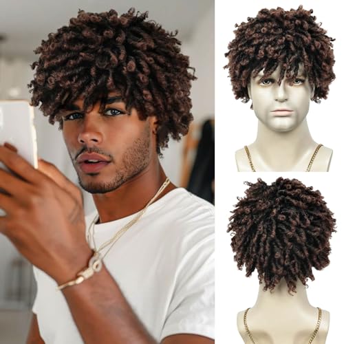 QUEENTAS Short Dreadlock Wigs for Men Curly Afro Twist Braided Wig Synthetic Mens Wig 9 Inches (Black to Brown) von QUEENTAS