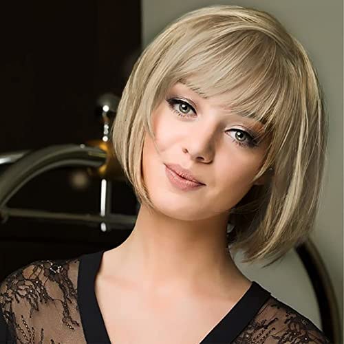 Queentas Perücke Blond Kurz Bob Frauen Kurzhaarperücke Damen Perücken Kurzhaar Blond mit Pony Glattes Synthetisches Haar Perücke für Helloween Karneval,Hellblond,25cm(10 Zoll) von QUEENTAS