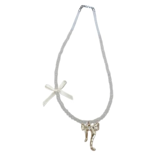 QUEENYARD Bohemian-Stil Perlen Schleife Halskette Bowknot Anhänger Schlüsselbein Kette Kristall Perle Schlüsselbeinkette Schmuck für Frauen Mädchen, 42 cm, Künstlicher Kristall von QUEENYARD