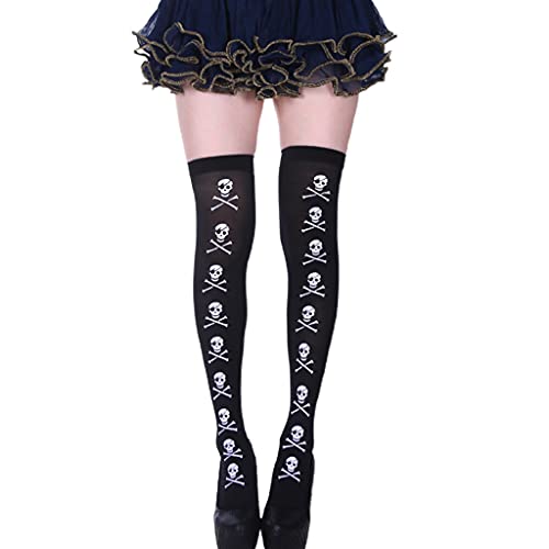 QUEENYARD Damen Gothic Schwarz Oberschenkelhohe Strümpfe Totenkopf Skelett Overknee Socken, Schwarz , Einheitsgröße von QUEENYARD