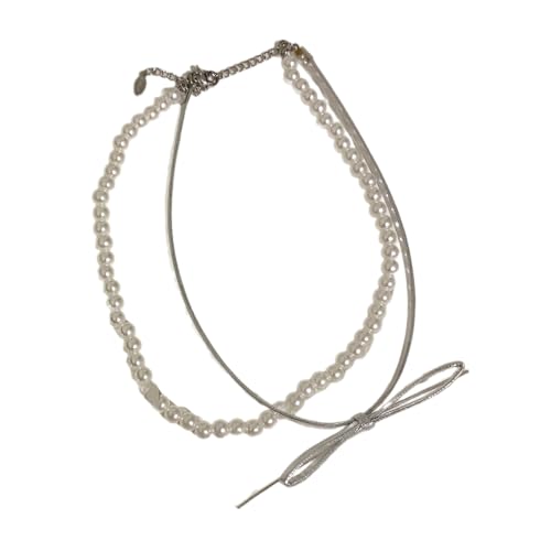 QUEENYARD Doppellagige Halskette mit Schleife, Perlen-Halskette, Schleifen-Anhänger, Schlüsselbein-Kette, französischer Stil, Schlüsselbeinkette für Frauen und Mädchen, 40 cm, Kunstperlen von QUEENYARD