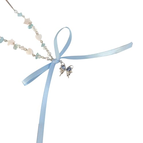 QUEENYARD Elegante Halskette mit Schmetterlingsanhänger, Schleife, Schlüsselbeinkette für Damen und Mädchen, verstellbare Halskette, 46.5cm, Legierung und Band von QUEENYARD