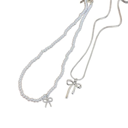 QUEENYARD Elegante Perlen-Choker-Halskette mit Schleifen-Anhänger, stilvolle Kette, Schmuck, Geschenk, Schlüsselbein-Halsbekleidung für Damen und Mädchen, 40cm+6cm/43cm+5cm, Kette aus Kunstperlen und von QUEENYARD