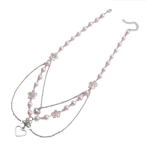 QUEENYARD Elegante mehrlagige Perlen-Halskette für Damen und Mädchen, Herz-Schmetterlings-Perlenkette, Mode, Party, Schmuck, Geschenk, As Shown, Acryllegierung von QUEENYARD