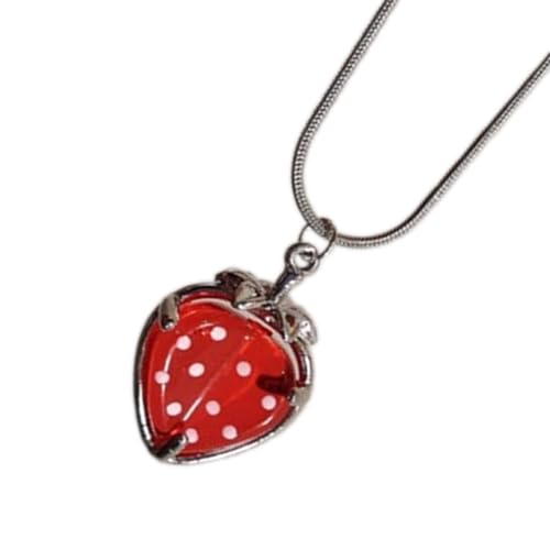 QUEENYARD Modische Halskette mit Erdbeer-Anhänger, niedlich, Halsband, Statement-Schmuck, Halskette für Damen und Mädchen, 40 cm, Metall von QUEENYARD