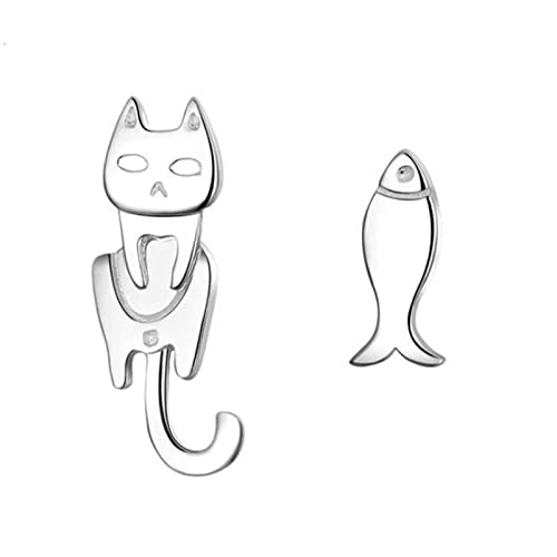 QUEENYARD Niedliche Katzen- und Fisch-Ohrstecker, asymmetrische Piercing-Ohrringe, Modeschmuck, einfache Punk-Ohrringe für Frauen und Mädchen, 1×1×1.3×0.5cm, Metall von QUEENYARD
