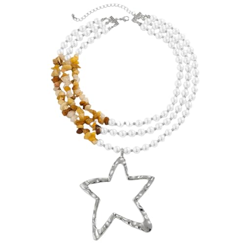 QUEENYARD Stilvolle, mehrschichtige Halskette mit Sternanhänger, Perlen, Schlüsselbeinkette, Accessoire für modebewusste Frauen, 38+7cm/9.5cm, Kunstperle und Legierung von QUEENYARD