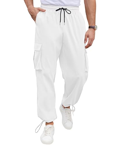 QUEZHU Cargohose Herren Jogginghosen Cargo Hosen für Männer Baggy Chino Sporthose Stretch Elastische mit Gummizug Freizeithose mit 5 Taschen Weiß M von QUEZHU