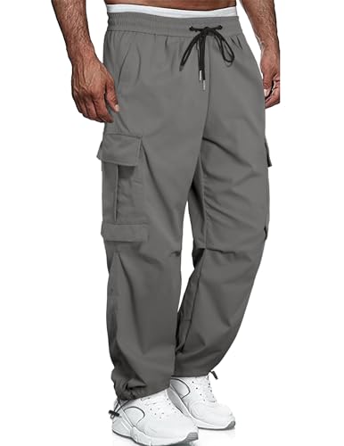 QUEZHU Cargohose Herren Nylon Baggy Chino Jogginghosen Cargo Hosen für Männer Sporthose Stretch Elastische mit Gummizug Freizeithose mit 6 Taschen Grau M von QUEZHU