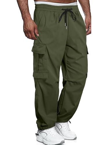 QUEZHU Cargohose Herren Nylon Baggy Chino Jogginghosen Cargo Hosen für Männer Sporthose Stretch Elastische mit Gummizug Freizeithose mit 6 Taschen Grün L von QUEZHU