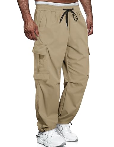 QUEZHU Cargohose Herren Nylon Baggy Chino Jogginghosen Cargo Hosen für Männer Sporthose Stretch Elastische mit Gummizug Freizeithose mit 6 Taschen Khaki L von QUEZHU