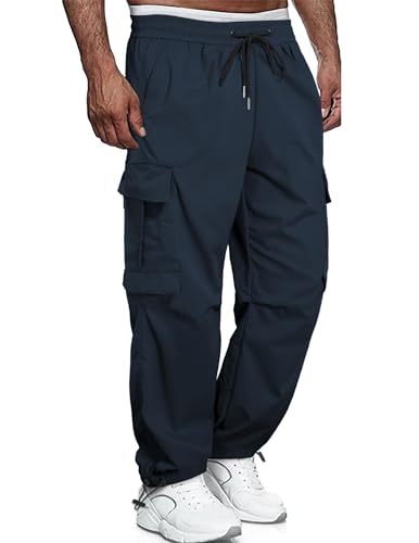 QUEZHU Cargohose Herren Nylon Baggy Chino Jogginghosen Cargo Hosen für Männer Sporthose Stretch Elastische mit Gummizug Freizeithose mit 6 Taschen Marine Blau L von QUEZHU