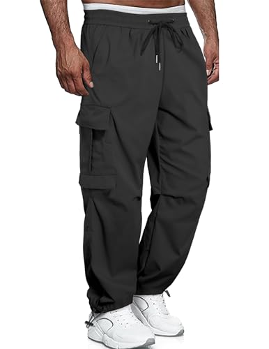 QUEZHU Cargohose Herren Nylon Chino Jogginghosen Cargo Hosen für Männer Baggy Sporthose Stretch Elastische mit Gummizug Freizeithose mit 6 Taschen Schwarz M von QUEZHU