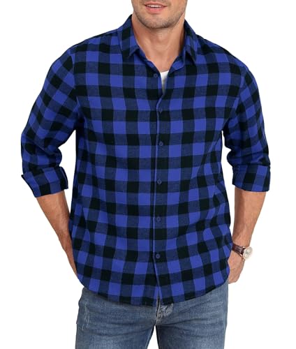 QUEZHU Flanellhemd Herren Kariertes Hemd Langarm Herren Kariert Freizeithemd Button Down Casual Western Regular Fit Blau L von QUEZHU
