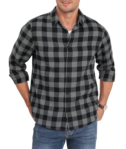 QUEZHU Flanellhemd Herren Kariertes Hemd Langarm Herren Kariert Freizeithemd Button Down Casual Western Regular Fit Grau XXL von QUEZHU