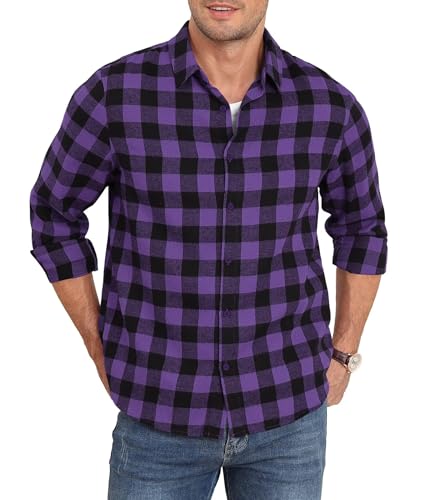 QUEZHU Flanellhemd Herren Kariertes Hemd Langarm Herren Kariert Freizeithemd Button Down Casual Western Regular Fit Lila M von QUEZHU