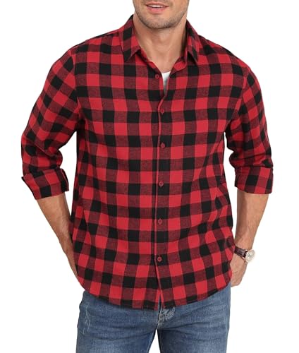 QUEZHU Flanellhemd Herren Kariertes Hemd Langarm Herren Kariert Freizeithemd Button Down Casual Western Regular Fit Rot XXL von QUEZHU