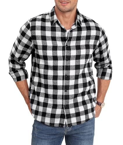 QUEZHU Flanellhemd Herren Kariertes Hemd Langarm Herren Kariert Freizeithemd Button Down Casual Western Regular Fit Schwarz XXL von QUEZHU