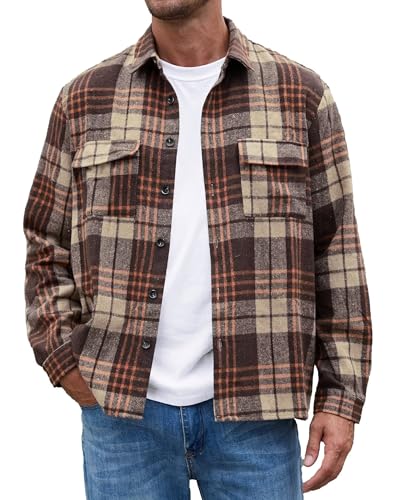 QUEZHU Flanellhemd Herren Langarm Kariert Flanellhemden bügelfrei Casual Button Down Freizeithemd Mit Brusttasche Normal Passform Khaki Braun von QUEZHU