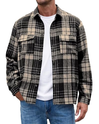 QUEZHU Flanellhemd Herren Langarm Kariert Flanellhemden bügelfrei Casual Button Down Freizeithemd Mit Brusttasche Normal Passform Khaki Schwarz von QUEZHU