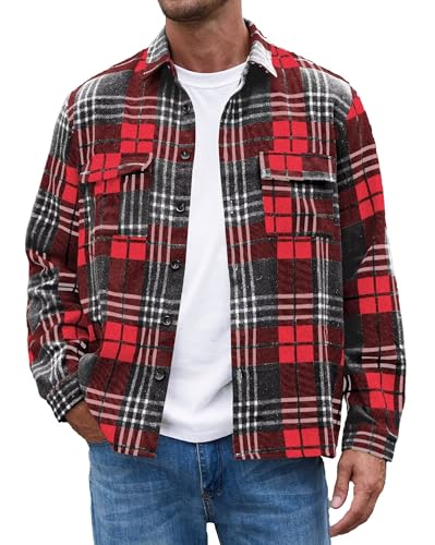 QUEZHU Flanellhemd Herren Langarm Kariert Flanellhemden bügelfrei Casual Button Down Freizeithemd Mit Brusttasche Normal Passform Rot Schwarz von QUEZHU