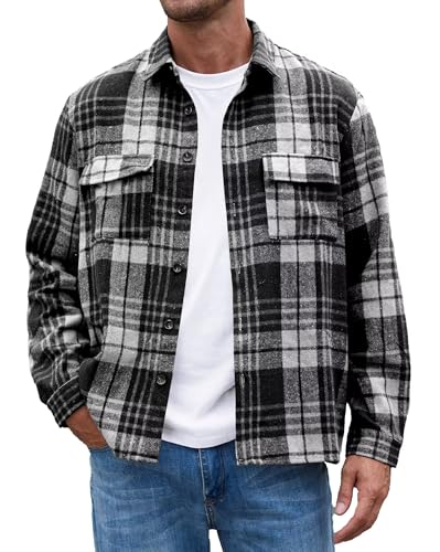 QUEZHU Flanellhemd Herren Langarm Kariert Flanellhemden bügelfrei Casual Button Down Freizeithemd Mit Brusttasche Normal Passform Schwarz Weiß von QUEZHU