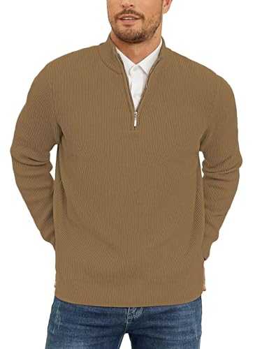 QUEZHU Half Zip Pullover Herren Rollkragen Pullover mit Reissverschluss Turtleneckpullover Stehkragen Strickpullover Troyer Feinstrick Männer Sweater Strick-Pulli Pullover Sandige Farbe L von QUEZHU