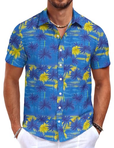 QUEZHU Hawaii Hemd Herren Kurzarm Sommer Hemd Bügelfrei Kent-Kragen Blumen Vordertasche Buntes Hemd Button Down Strand Freizeithemd Regular Fit Blaue Kokosnuss XL von QUEZHU
