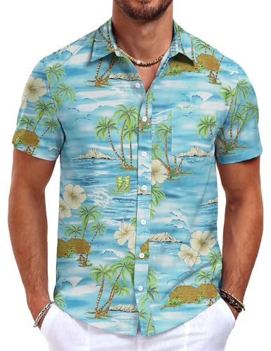 QUEZHU Hawaii Hemd Herren Kurzarm Sommer Hemd Bügelfrei Kent-Kragen Blumen Vordertasche Buntes Hemd Button Down Strand Freizeithemd Regular Fit Blaues Meer S von QUEZHU