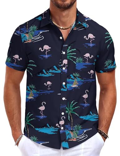 QUEZHU Hawaii Hemd Herren Kurzarm Sommer Hemd Bügelfrei Kent-Kragen Blumen Vordertasche Buntes Hemd Button Down Strand Freizeithemd Regular Fit Marineblauer Flamingo XXL von QUEZHU