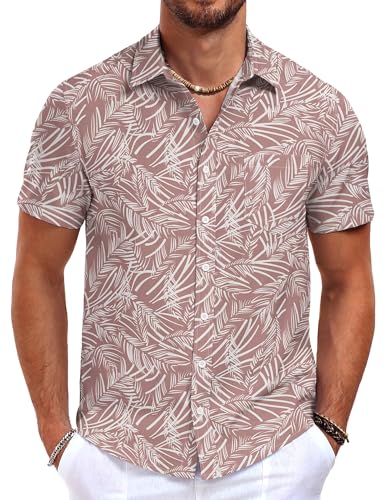 QUEZHU Hawaii Hemd Männer Kurzarm Hawaiihemd Herren Bügelfrei Kent-Kragen Blumen Vordertasche Sommer Hemd Button Down Strand Freizeithemd Regular Fit Rosa Blatt XXL von QUEZHU