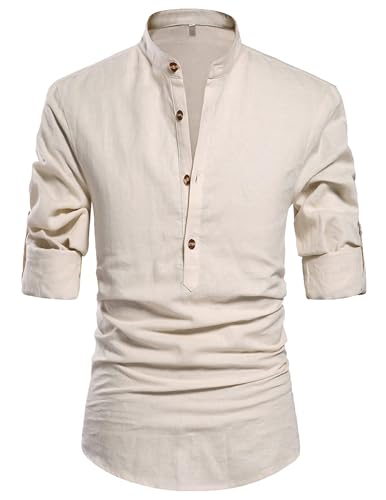 QUEZHU Hemd Herren Henley Langarm Leinenhemd Baumwolle Sommerhemd Stehkragen Freizeithemd Mens Shirts Casual Regular Fit Beige M von QUEZHU