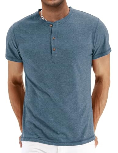 QUEZHU Henley T Shirt Herren Kurzarm Baumwolle Slim Fit Sportshirt Stehkragen T-Shirt Herren Gym Sommer T Shirts mit Knopfleiste für Männer Blau M von QUEZHU