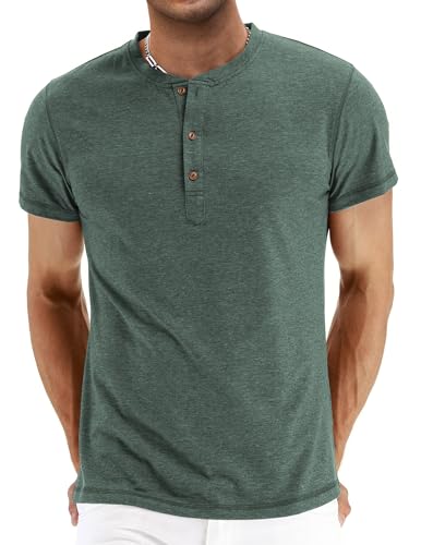 QUEZHU Henley T Shirt Herren Kurzarm Baumwolle Slim Fit Sportshirt Stehkragen T-Shirt Herren Gym Sommer T Shirts mit Knopfleiste für Männer Grün S von QUEZHU
