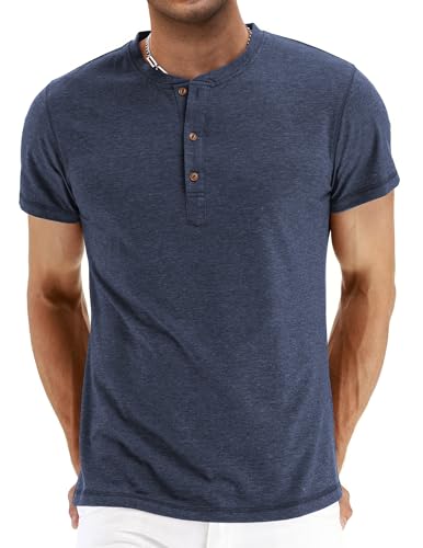 QUEZHU Henley T Shirt Herren Kurzarm Baumwolle Slim Fit Sportshirt Stehkragen T-Shirt Herren Gym Sommer T Shirts mit Knopfleiste für Männer Marineblau M von QUEZHU