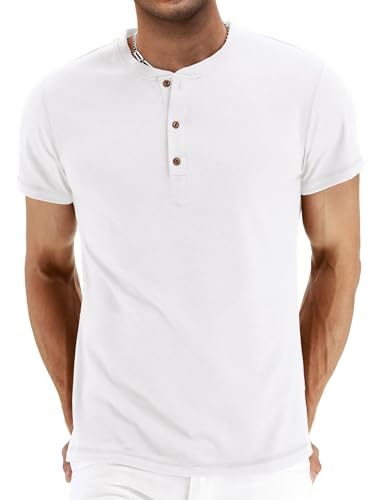QUEZHU Henley T Shirt Herren Kurzarm Baumwolle Slim Fit Sportshirt Stehkragen T-Shirt Herren Gym Sommer T Shirts mit Knopfleiste für Männer Weiß M von QUEZHU