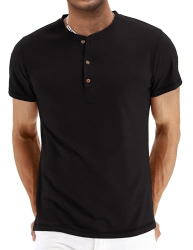 QUEZHU Henley T Shirt Herren Kurzarm Baumwolle Slim Fit Sportshirt Stehkragen T-Shirt Herren Gym Sommer T Shirts mit Knopfleiste für Männer Schwarz M von QUEZHU
