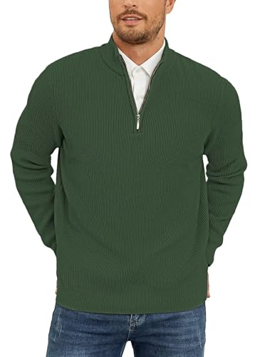 QUEZHU Herren Rollkragenpullover Zip Pullover Strickpullover Winterpullover Turtleneck Sweater Pulli Arbeitspullover Warm Langarmshirt Dunkel Grün XL von QUEZHU