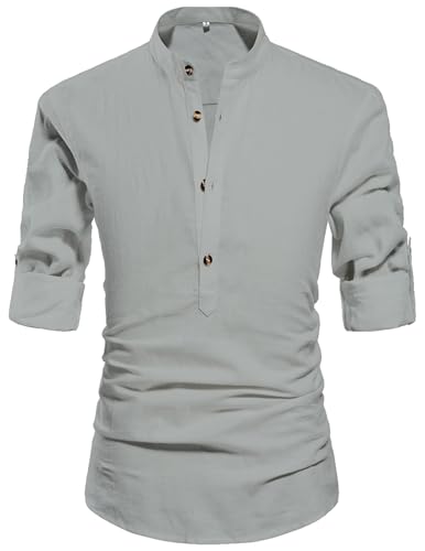 QUEZHU Leinenhemd Herren Langarm Henley Hemd Herren Baumwolle Sommerhemd Freizeithemd Strandhemd Casual Regular Fit Grau L von QUEZHU