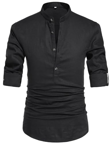 QUEZHU Leinenhemd Herren Langarm Henley Hemd Herren Baumwolle Sommerhemd Freizeithemd Strandhemd Casual Regular Fit Schwarz S von QUEZHU