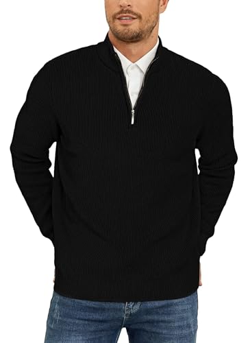 QUEZHU Troyer Herren Pullover mit Reissverschluss Stehkragen Rollkragenpullover Half Zip Pulli Strickpullover Arbeitspullover Turtleneck Winter Warm Langarmshirt Schwarz S von QUEZHU