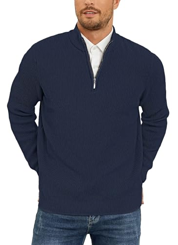 QUEZHU Troyer Pullover Herren mit Reissverschluss Half Zip Rollkragenpullover Turtleneck Sweater Arbeitspullover Winter Pulli Herren Freizeit Strickpullover Lange Ärmel Marine Blau M von QUEZHU