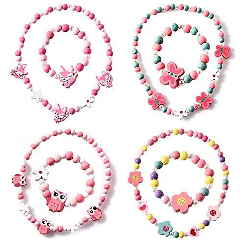 Prinzessin Halskette Armbänder Set Holz Kinderschmuck Kit Freundschaftsarmband Und Mädchen Halskette Bunte Holzschmuck Nette Karikatur Bunte Blumen Form Armband Halsketten Schmucksache Satz 4 Pack von QUHEEE