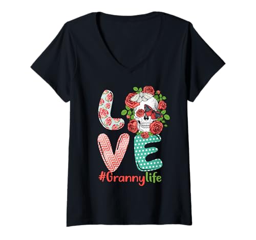 Damen Oma Leben Liebe Oma Totenkopf Rose Kostüm Mütter T-Shirt mit V-Ausschnitt Damen Oma Leben Liebe Oma Totenkopf Rose Kostüm Mütter T-Shirt mit V-Ausschnitt von QUI29 Grandma Mother's Day
