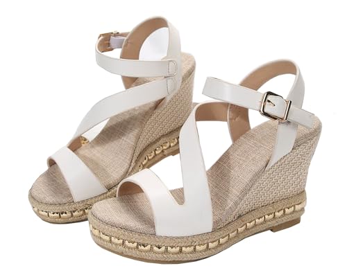 QUINTO Damen Plateau Sandalen Sommer Damen Plateauschnalle Sandale PU-Leder Rutschfest Weiche Sohle Offene Zehen Plateauschuhe Bequeme Flatform-Sandalen,White 1,36 von QUINTO