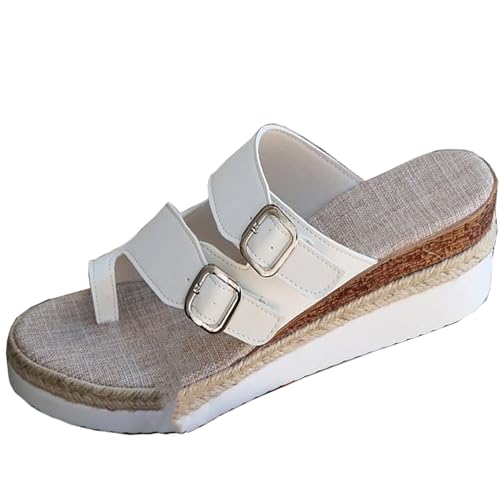 QUINTO Damen Plateau Sandalen Sommer Damen Plateauschnalle Sandale PU-Leder Rutschfest Weiche Sohle Offene Zehen Plateauschuhe Bequeme Flatform-Sandalen,White 2,36 von QUINTO