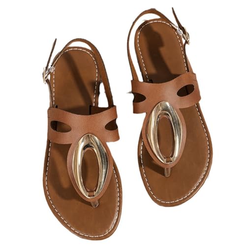 QUINTO Damen Slip On Leder Verstellbare Flip Flops Lässige Tanga Slide Flache Sandalen für sommerliche Strandspaziergänge,Braun,37 von QUINTO