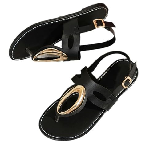 QUINTO Damen Slip On Leder Verstellbare Flip Flops Lässige Tanga Slide Flache Sandalen für sommerliche Strandspaziergänge,Schwarz,36 von QUINTO